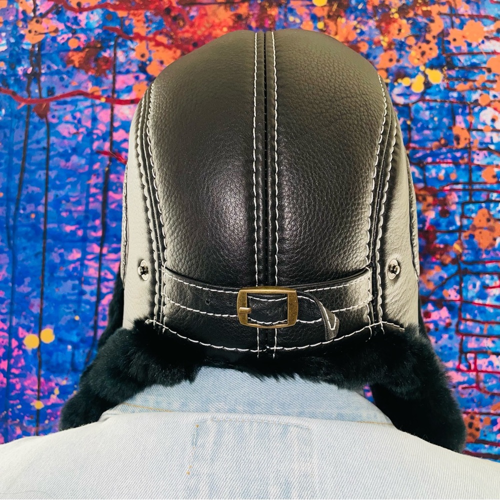 Mens Aviator Rabbit Fur Sheepskin Genuine Leather Hat - Picture 3 of 3